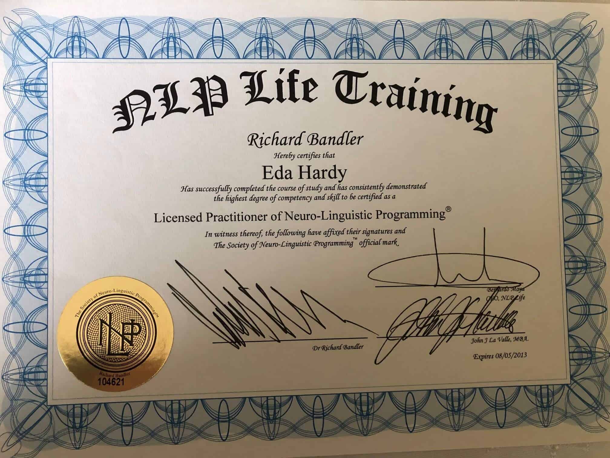 NLP Life Training Licensed Practitioner of Neuro-Linguistic Programming Certificate - Eda Hardy